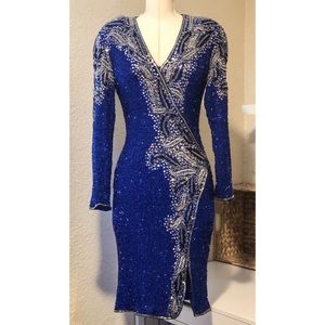 Vintage Hand Beaded Royal Blue Long Sleeve Dress